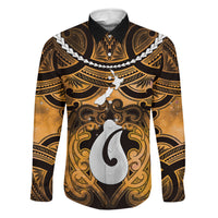 Personalised Maori Matariki Hei Matau Kowhai Family Matching Off Shoulder Maxi Dress and Hawaiian Shirt Maori Kowhaiwhai Pattern Galaxy LT01 Dad's Shirt - Long Sleeve Yellow - Polynesian Pride