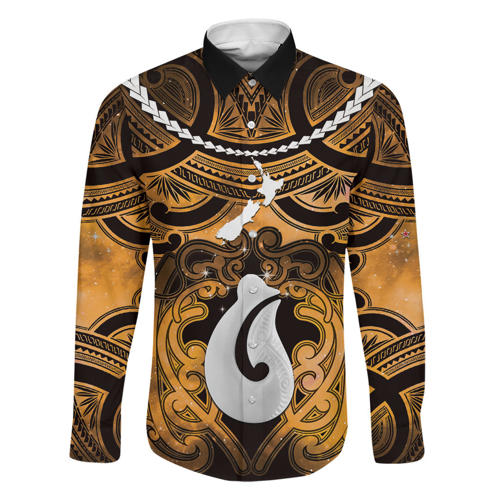 Personalised Maori Matariki Hei Matau Kowhai Family Matching Short Sleeve Bodycon Dress and Hawaiian Shirt Maori Kowhaiwhai Pattern Galaxy LT01 Dad's Shirt - Long Sleeve Yellow - Polynesian Pride