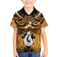 Personalised Maori Matariki Hei Matau Kowhai Family Matching Short Sleeve Bodycon Dress and Hawaiian Shirt Maori Kowhaiwhai Pattern Galaxy LT01 Son's Shirt Yellow - Polynesian Pride