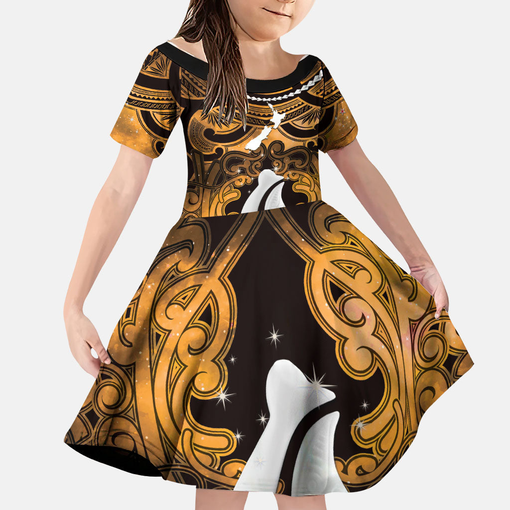 Personalised Maori Matariki Hei Matau Kowhai Family Matching Tank Maxi Dress and Hawaiian Shirt Maori Kowhaiwhai Pattern Galaxy LT01 Daughter's Dress Yellow - Polynesian Pride