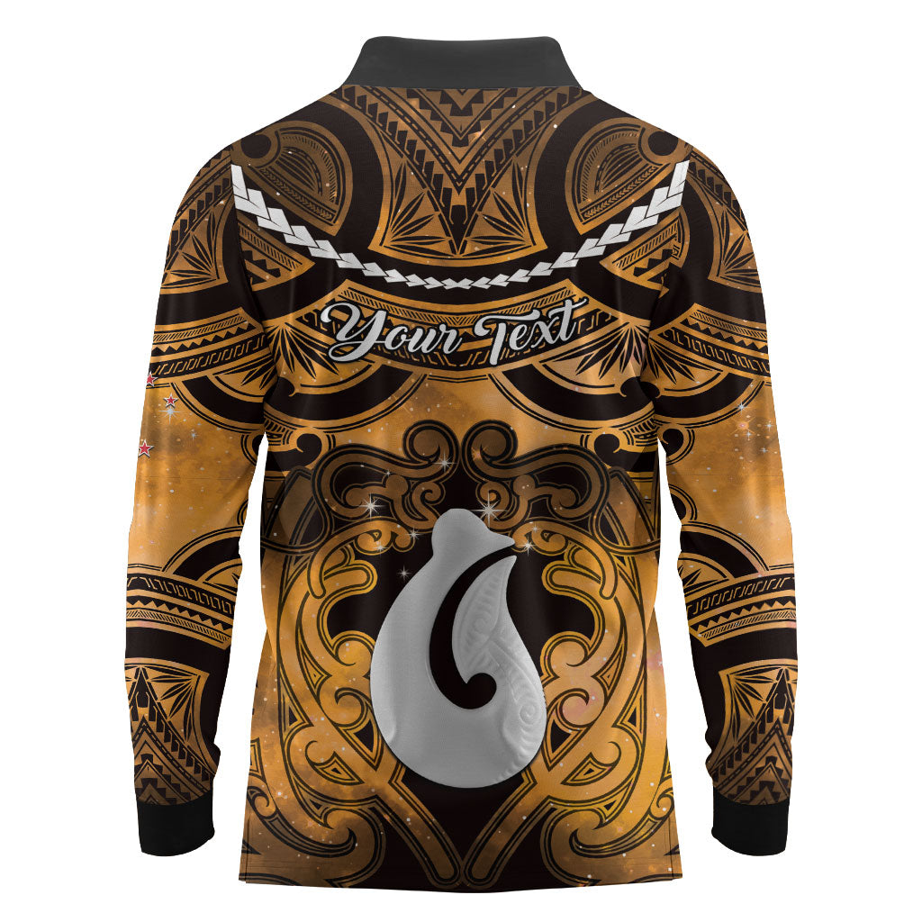 Personalised Maori Matariki Hei Matau Kowhai Long Sleeve Polo Shirt Maori Kowhaiwhai Pattern Galaxy
