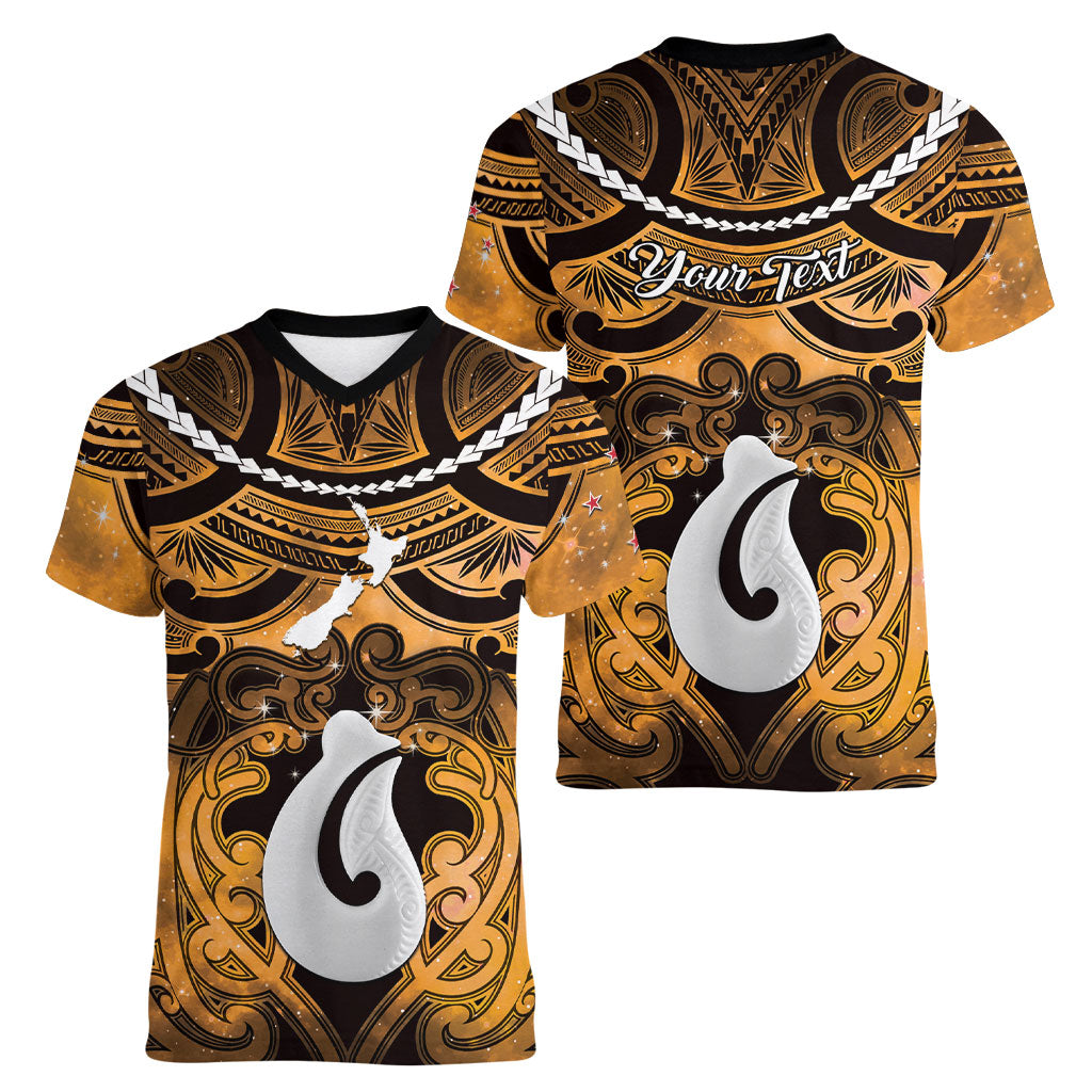 Personalised Maori Matariki Hei Matau Kowhai Women V-Neck T-Shirt Maori Kowhaiwhai Pattern Galaxy