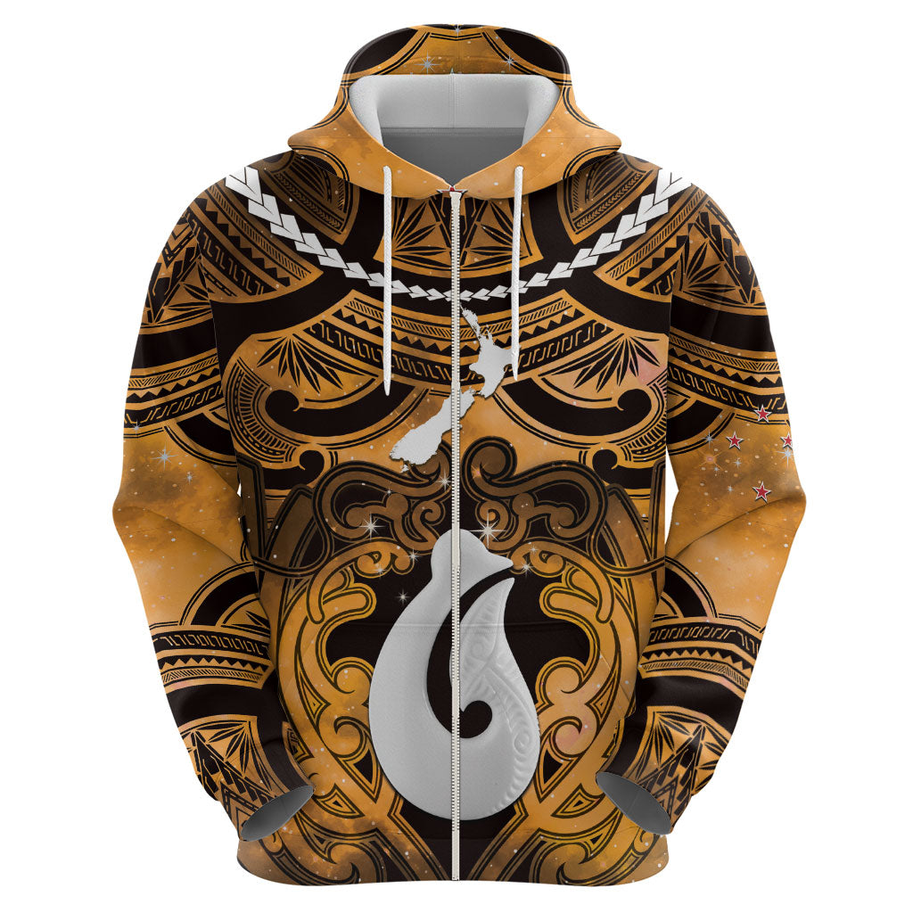 Personalised Maori Matariki Hei Matau Kowhai Zip Hoodie Maori Kowhaiwhai Pattern Galaxy