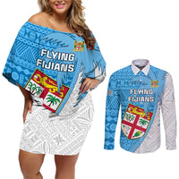 Fiji Rugby Couples Matching Off Shoulder Short Dress and Long Sleeve Button Shirts Come On Fijian Tapa Pattern LT01 Blue - Polynesian Pride