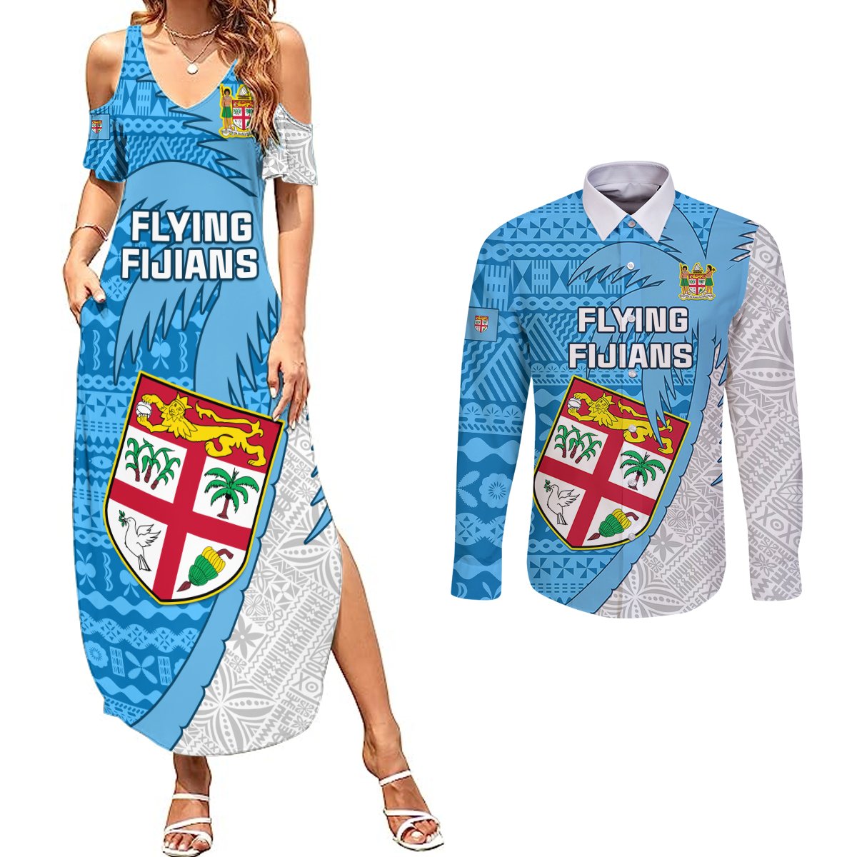 Fiji Rugby Couples Matching Summer Maxi Dress and Long Sleeve Button Shirts Come On Fijian Tapa Pattern LT01 Blue - Polynesian Pride