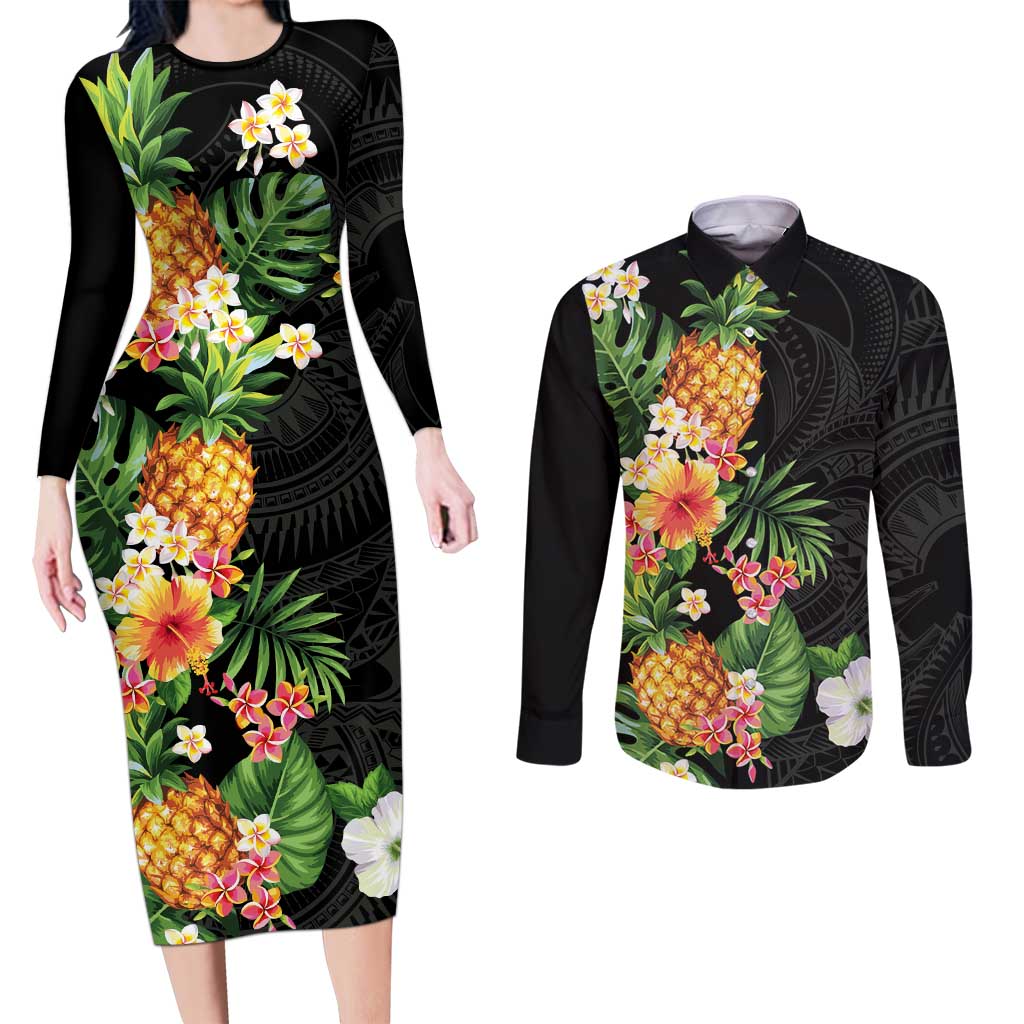 Hawaii Pineapple Tropical Couples Matching Long Sleeve Bodycon Dress and Long Sleeve Button Shirt Colorful Hibiscus Plumeria