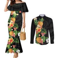 Hawaii Pineapple Tropical Couples Matching Mermaid Dress and Long Sleeve Button Shirt Colorful Hibiscus Plumeria