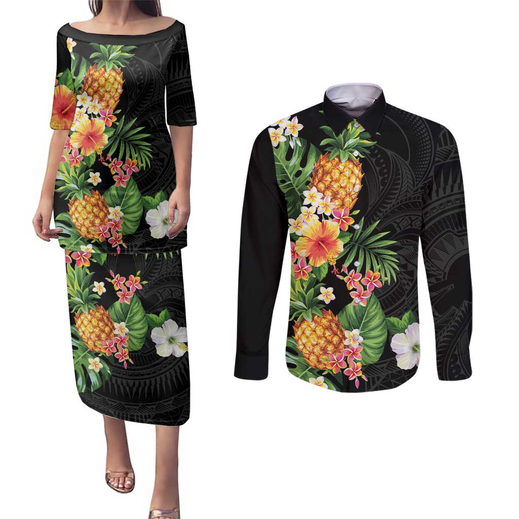 Hawaii Pineapple Tropical Couples Matching Puletasi and Long Sleeve Button Shirt Colorful Hibiscus Plumeria