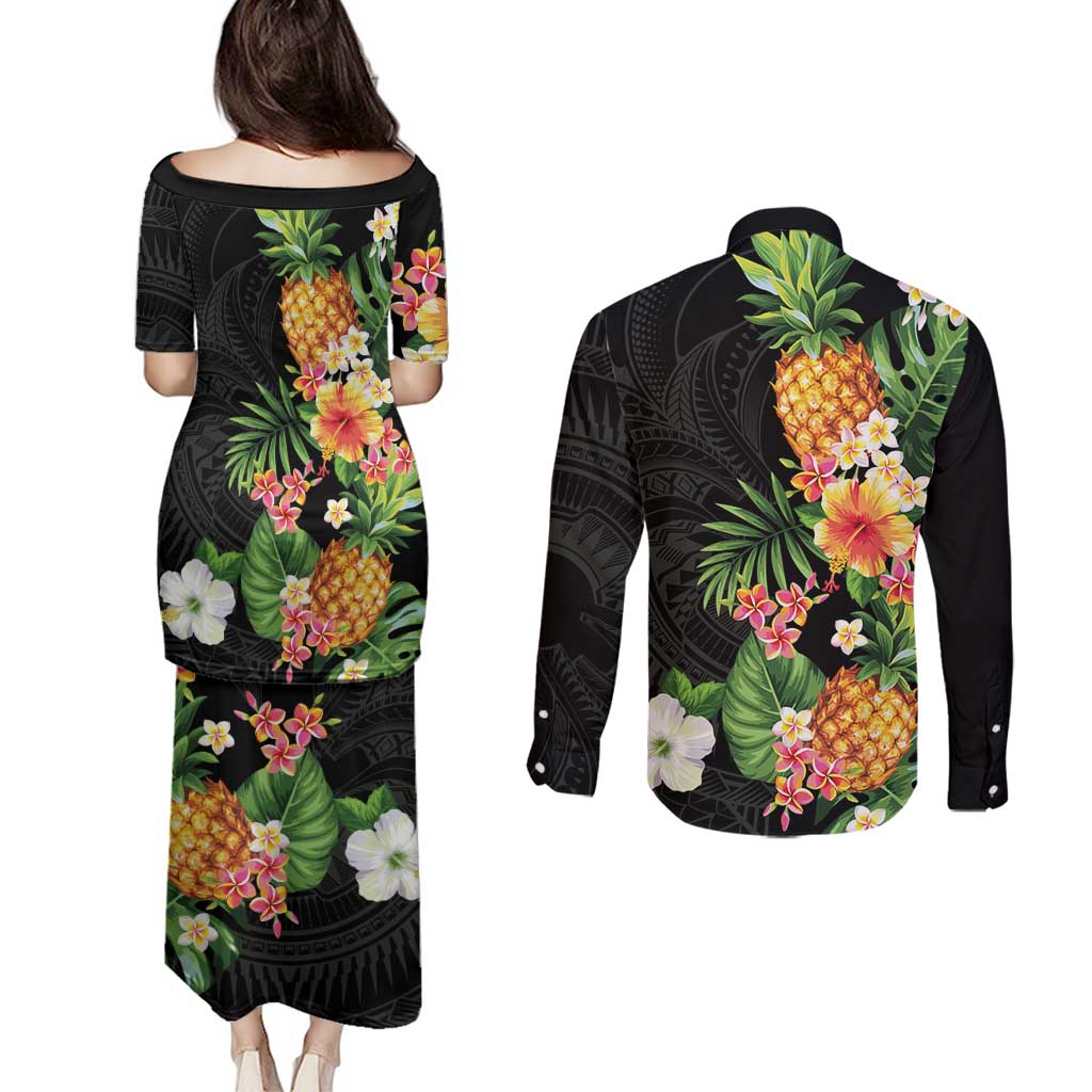 Hawaii Pineapple Tropical Couples Matching Puletasi and Long Sleeve Button Shirt Colorful Hibiscus Plumeria
