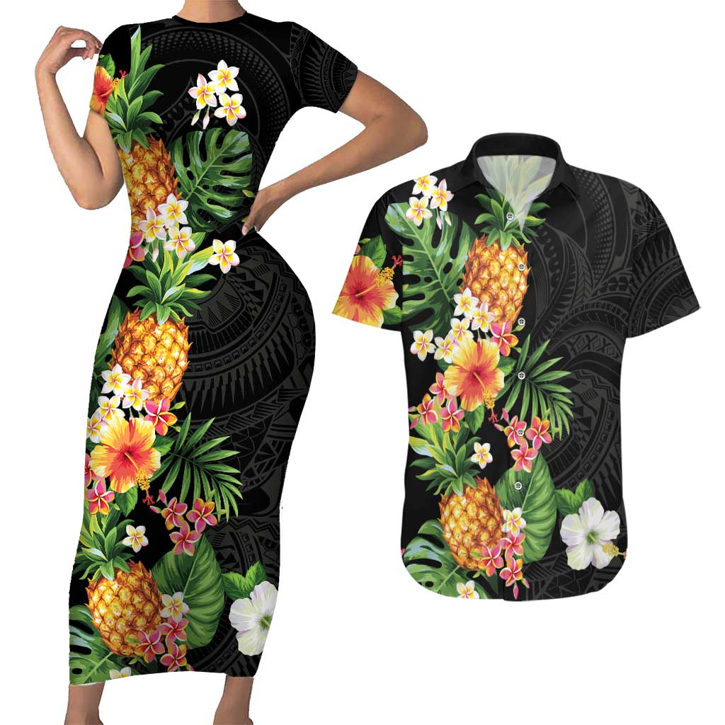 Hawaii Pineapple Tropical Couples Matching Short Sleeve Bodycon Dress and Hawaiian Shirt Colorful Hibiscus Plumeria LT01 Black - Polynesian Pride