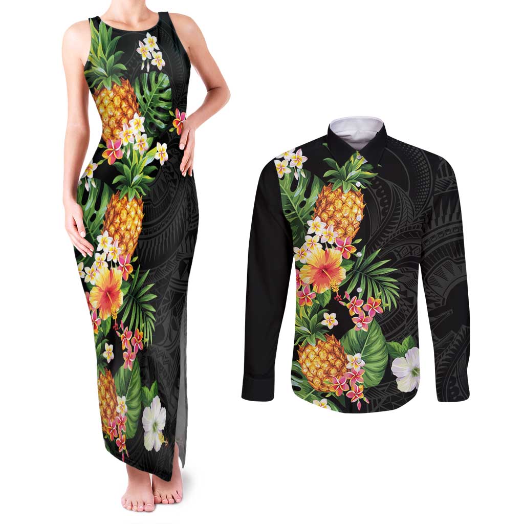Hawaii Pineapple Tropical Couples Matching Tank Maxi Dress and Long Sleeve Button Shirt Colorful Hibiscus Plumeria