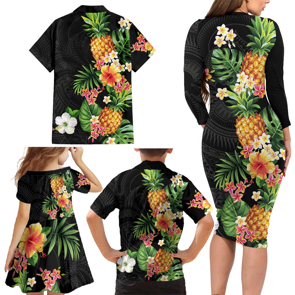 Hawaii Pineapple Tropical Family Matching Long Sleeve Bodycon Dress and Hawaiian Shirt Colorful Hibiscus Plumeria LT01 - Polynesian Pride