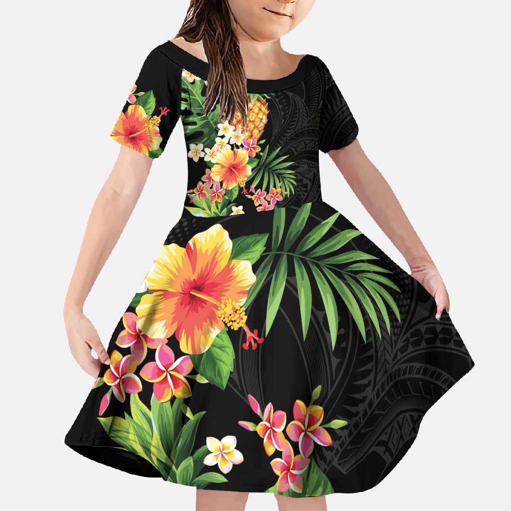 Hawaii Pineapple Tropical Family Matching Mermaid Dress and Hawaiian Shirt Colorful Hibiscus Plumeria LT01 Daughter's Dress Black - Polynesian Pride