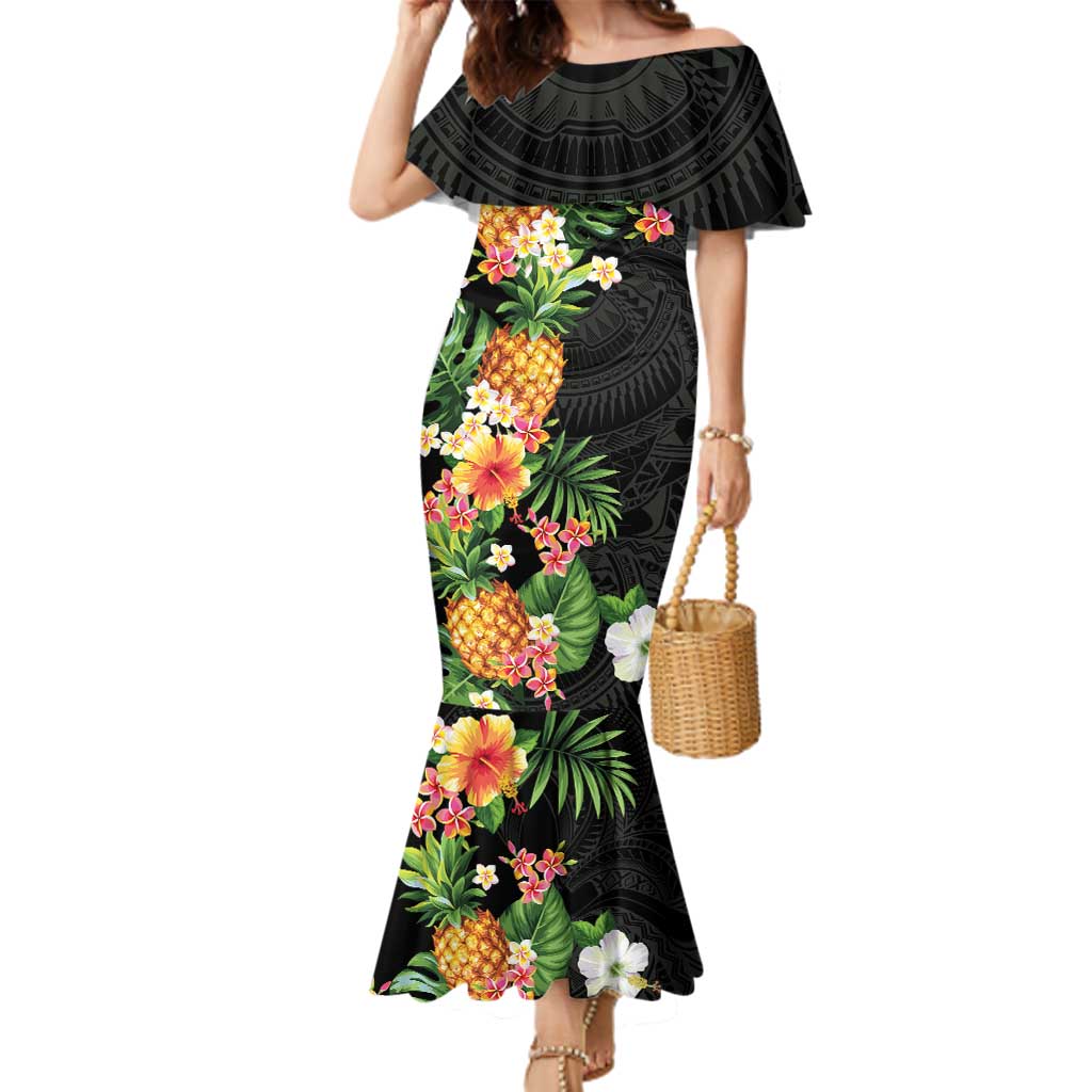Hawaii Pineapple Tropical Family Matching Mermaid Dress and Hawaiian Shirt Colorful Hibiscus Plumeria LT01 Mom's Dress Black - Polynesian Pride