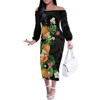 Hawaii Pineapple Tropical Family Matching Off The Shoulder Long Sleeve Dress and Hawaiian Shirt Colorful Hibiscus Plumeria LT01 Mom's Dress Black - Polynesian Pride