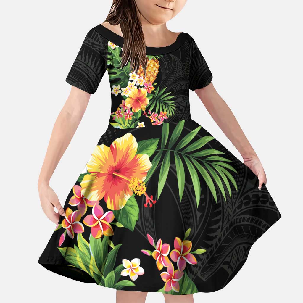 Hawaii Pineapple Tropical Family Matching Off Shoulder Maxi Dress and Hawaiian Shirt Colorful Hibiscus Plumeria LT01 Daughter's Dress Black - Polynesian Pride