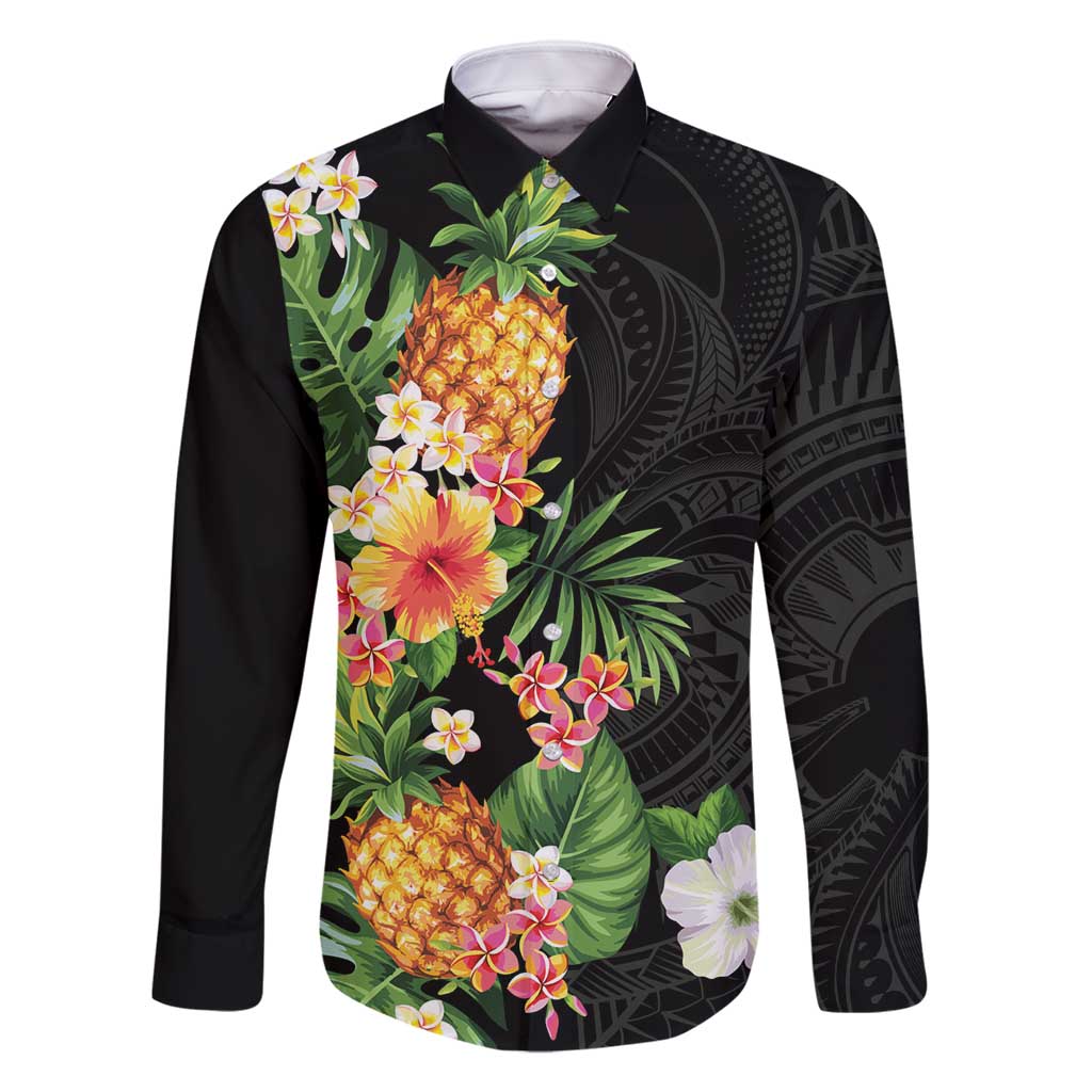 Hawaii Pineapple Tropical Family Matching Off Shoulder Maxi Dress and Hawaiian Shirt Colorful Hibiscus Plumeria LT01 Dad's Shirt - Long Sleeve Black - Polynesian Pride