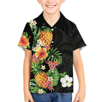 Hawaii Pineapple Tropical Family Matching Off Shoulder Maxi Dress and Hawaiian Shirt Colorful Hibiscus Plumeria LT01 Son's Shirt Black - Polynesian Pride
