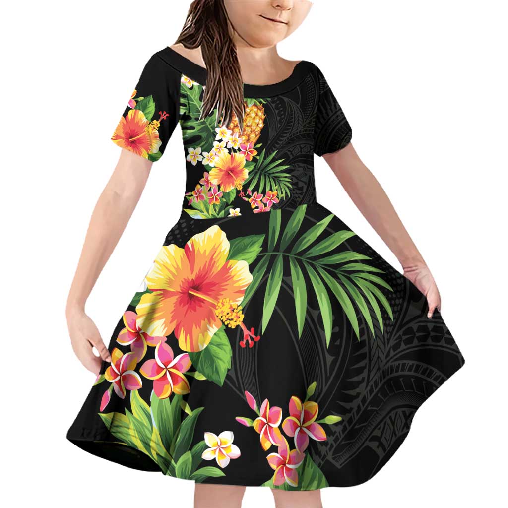 Hawaii Pineapple Tropical Family Matching Off Shoulder Short Dress and Hawaiian Shirt Colorful Hibiscus Plumeria LT01 Daughter's Dress Black - Polynesian Pride