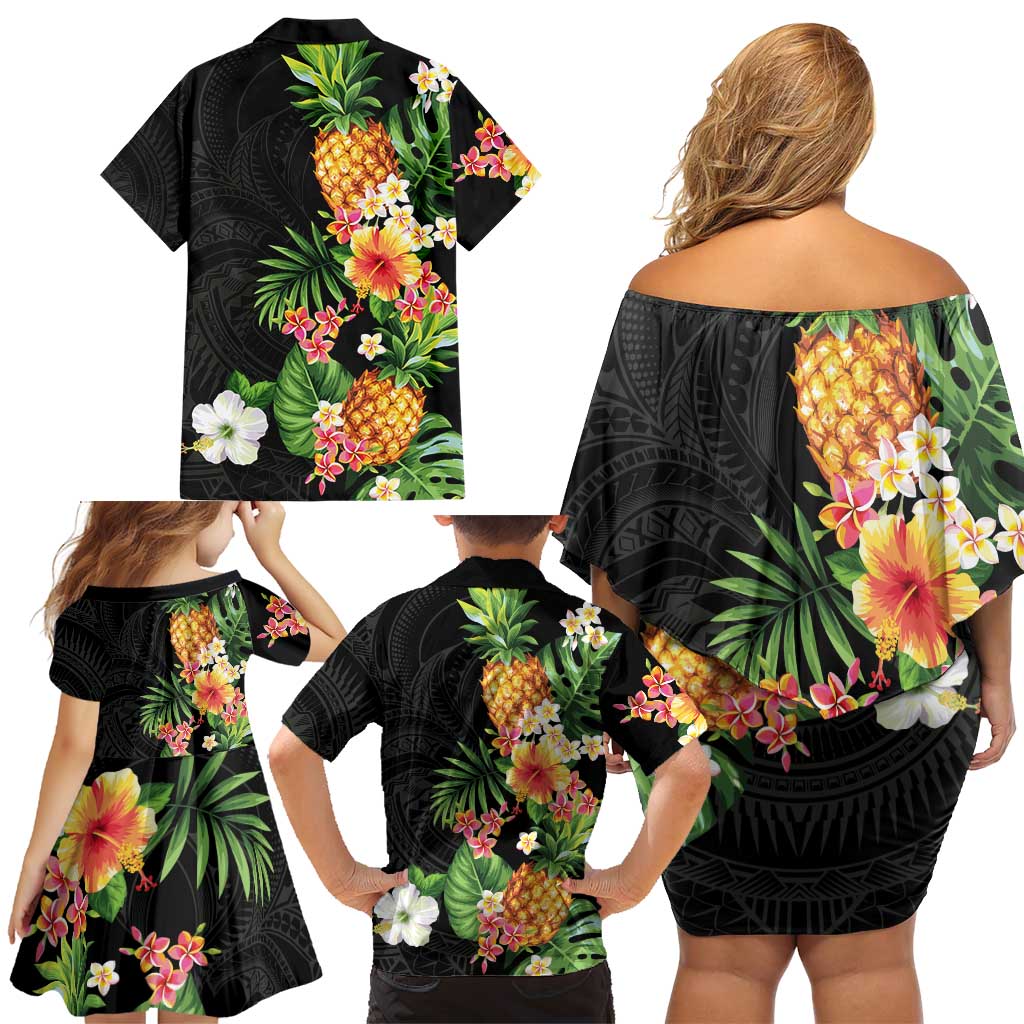 Hawaii Pineapple Tropical Family Matching Off Shoulder Short Dress and Hawaiian Shirt Colorful Hibiscus Plumeria LT01 - Polynesian Pride