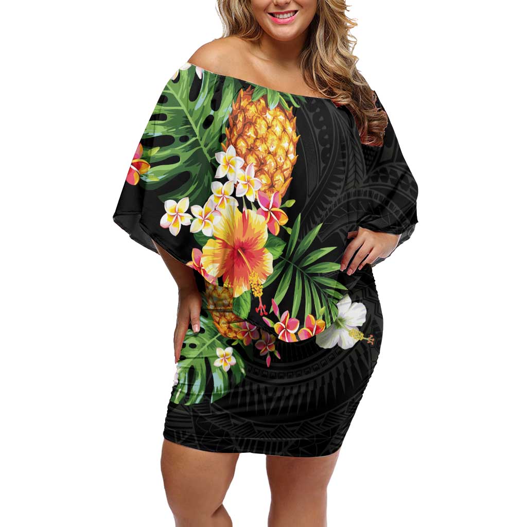 Hawaii Pineapple Tropical Family Matching Off Shoulder Short Dress and Hawaiian Shirt Colorful Hibiscus Plumeria LT01 Mom's Dress Black - Polynesian Pride