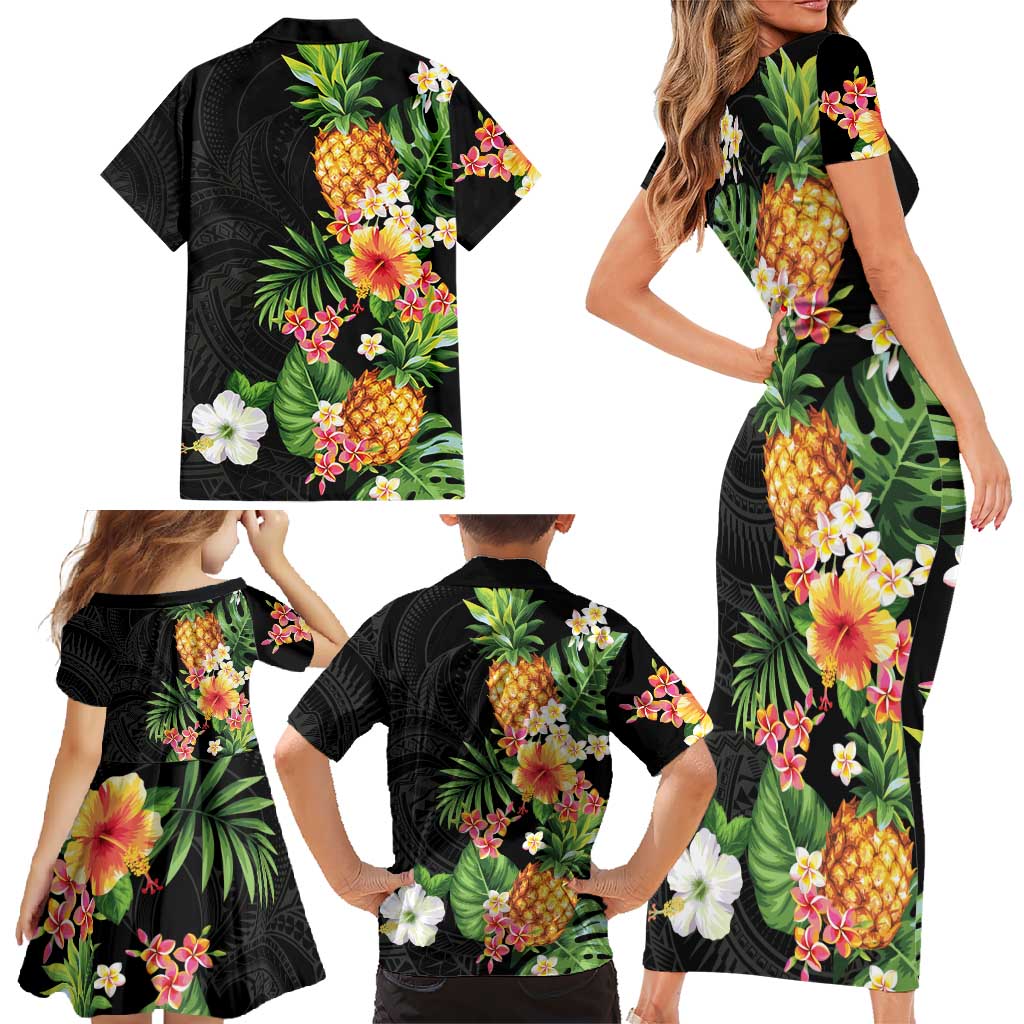 Hawaii Pineapple Tropical Family Matching Short Sleeve Bodycon Dress and Hawaiian Shirt Colorful Hibiscus Plumeria LT01 - Polynesian Pride