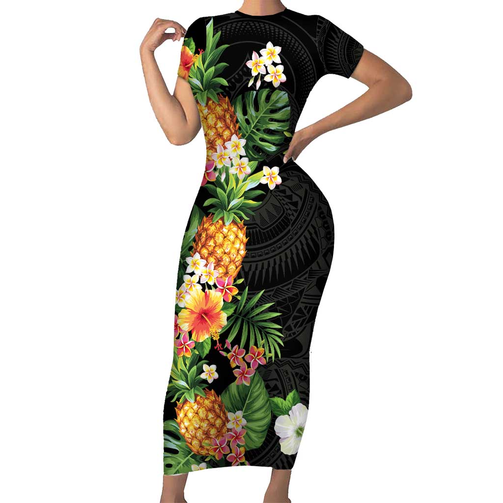 Hawaii Pineapple Tropical Family Matching Short Sleeve Bodycon Dress and Hawaiian Shirt Colorful Hibiscus Plumeria LT01 Mom's Dress Black - Polynesian Pride