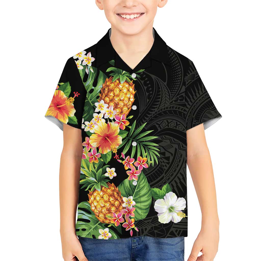 Hawaii Pineapple Tropical Family Matching Short Sleeve Bodycon Dress and Hawaiian Shirt Colorful Hibiscus Plumeria LT01 Son's Shirt Black - Polynesian Pride