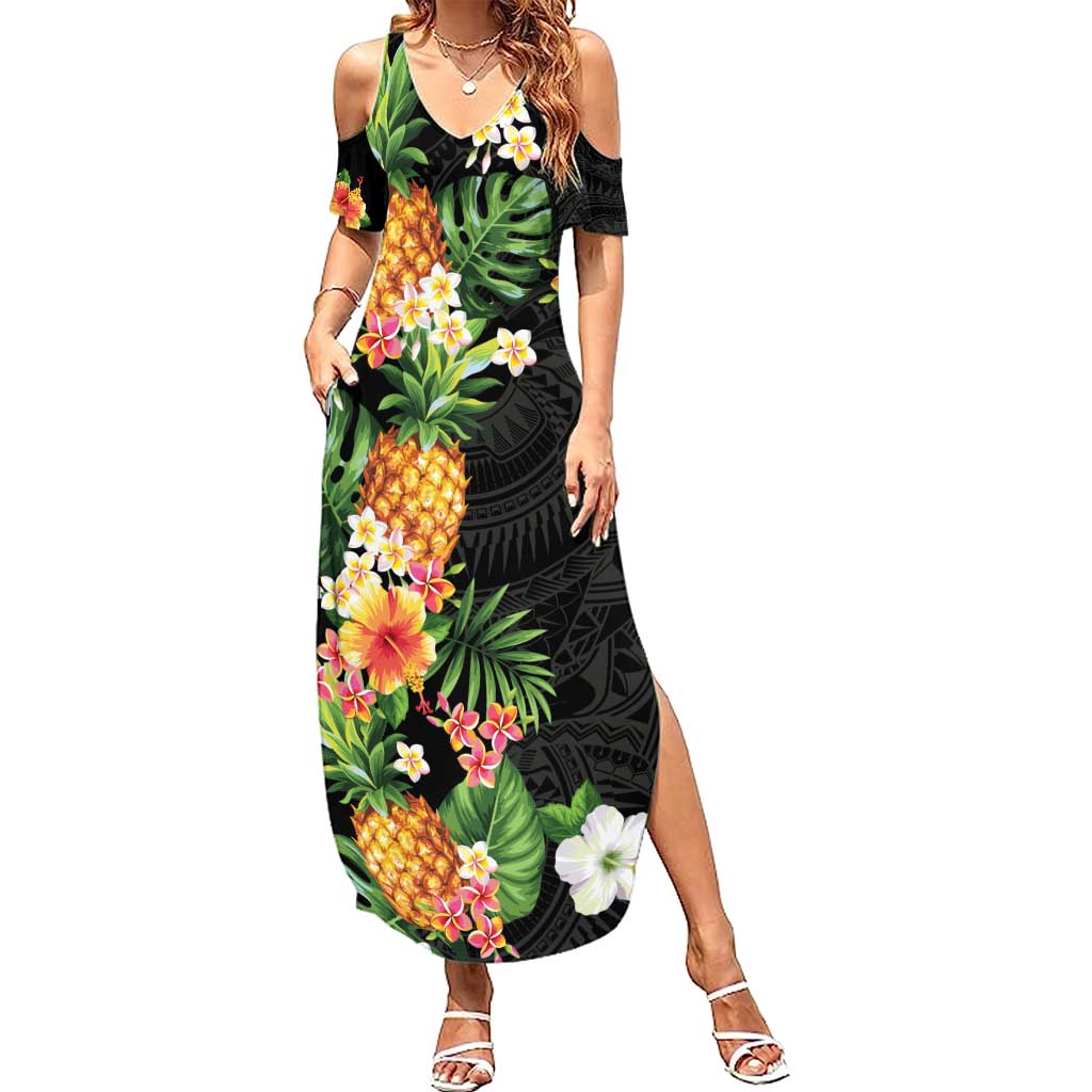 Hawaii Pineapple Tropical Family Matching Summer Maxi Dress and Hawaiian Shirt Colorful Hibiscus Plumeria LT01 Mom's Dress Black - Polynesian Pride