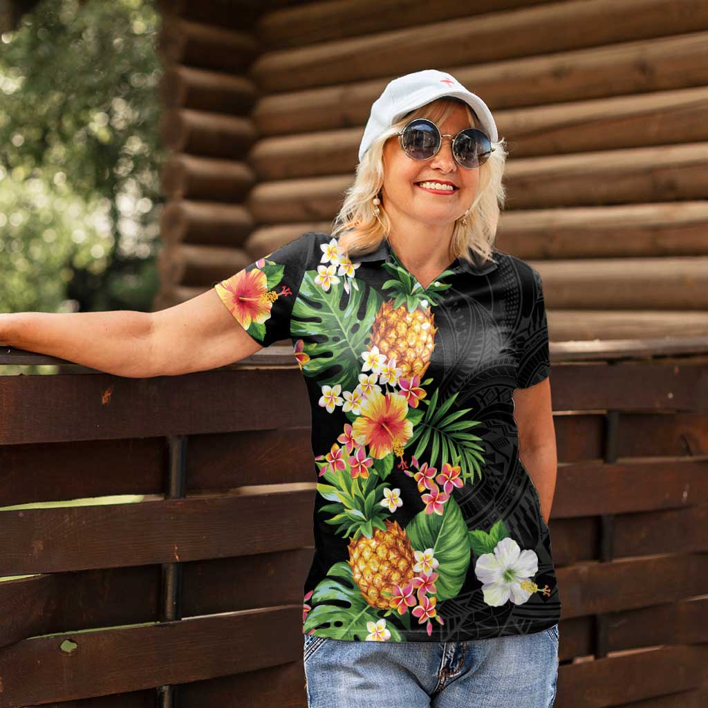 Hawaii Pineapple Tropical Women Polo Shirt Colorful Hibiscus Plumeria