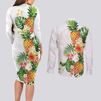Hawaii Pineapple Tropical Couples Matching Long Sleeve Bodycon Dress and Long Sleeve Button Shirt Luminous Hibiscus Plumeria