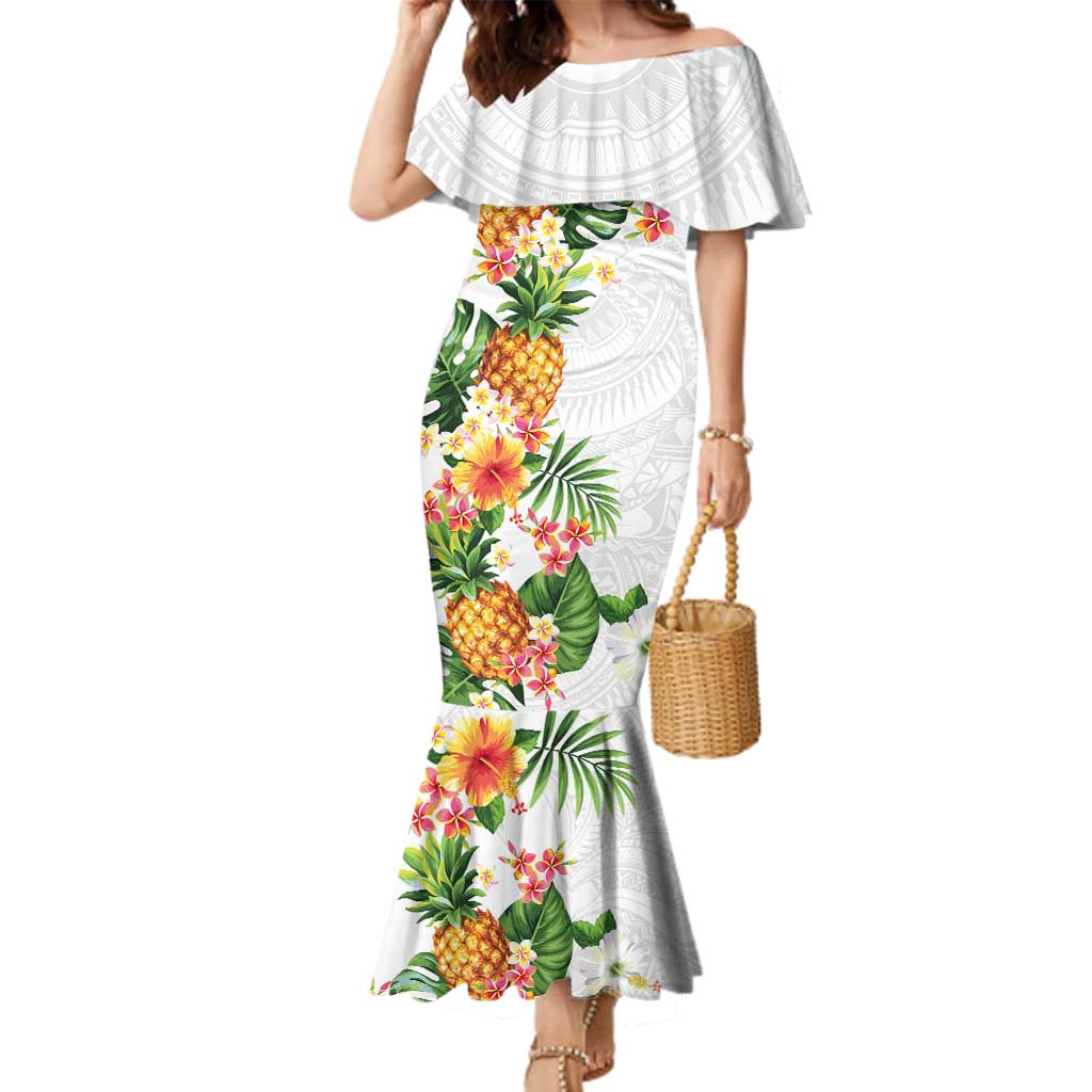 Hawaii Pineapple Tropical Family Matching Mermaid Dress and Hawaiian Shirt Luminous Hibiscus Plumeria LT01 Mom's Dress White - Polynesian Pride