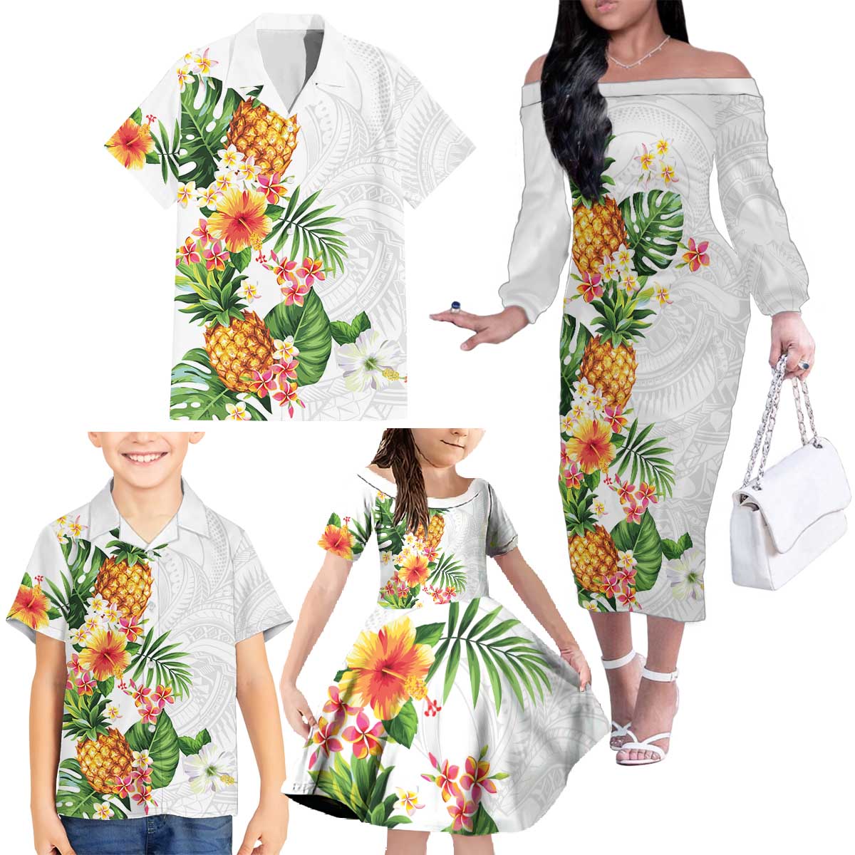 Hawaii Pineapple Tropical Family Matching Off The Shoulder Long Sleeve Dress and Hawaiian Shirt Luminous Hibiscus Plumeria LT01 - Polynesian Pride