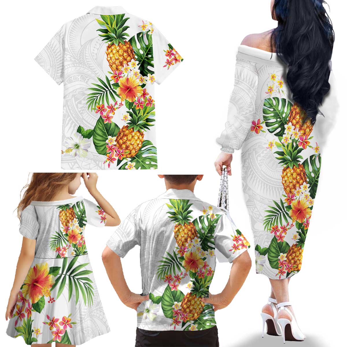 Hawaii Pineapple Tropical Family Matching Off The Shoulder Long Sleeve Dress and Hawaiian Shirt Luminous Hibiscus Plumeria LT01 - Polynesian Pride