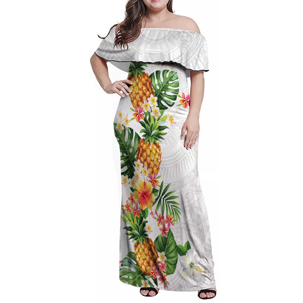 Hawaii Pineapple Tropical Family Matching Off Shoulder Maxi Dress and Hawaiian Shirt Luminous Hibiscus Plumeria LT01 Mom's Dress White - Polynesian Pride