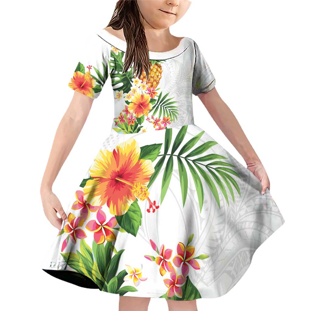 Hawaii Pineapple Tropical Family Matching Off Shoulder Short Dress and Hawaiian Shirt Luminous Hibiscus Plumeria LT01 Daughter's Dress White - Polynesian Pride