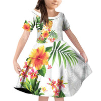 Hawaii Pineapple Tropical Family Matching Off Shoulder Short Dress and Hawaiian Shirt Luminous Hibiscus Plumeria LT01 Daughter's Dress White - Polynesian Pride