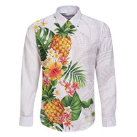 Hawaii Pineapple Tropical Family Matching Off Shoulder Short Dress and Hawaiian Shirt Luminous Hibiscus Plumeria LT01 Dad's Shirt - Long Sleeve White - Polynesian Pride