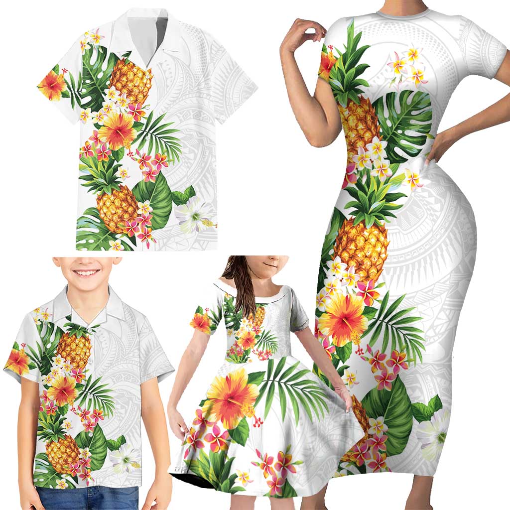 Hawaii Pineapple Tropical Family Matching Short Sleeve Bodycon Dress and Hawaiian Shirt Luminous Hibiscus Plumeria LT01 - Polynesian Pride