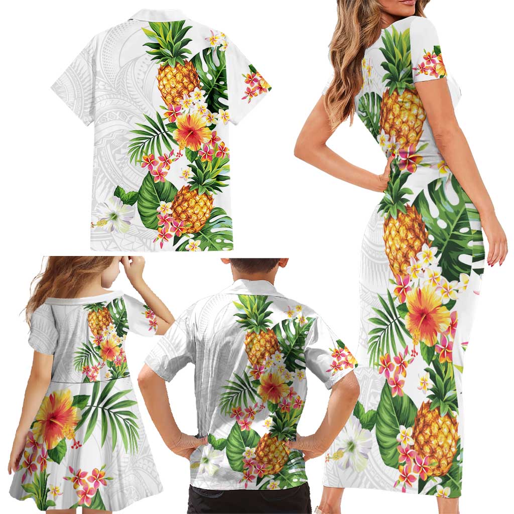 Hawaii Pineapple Tropical Family Matching Short Sleeve Bodycon Dress and Hawaiian Shirt Luminous Hibiscus Plumeria LT01 - Polynesian Pride