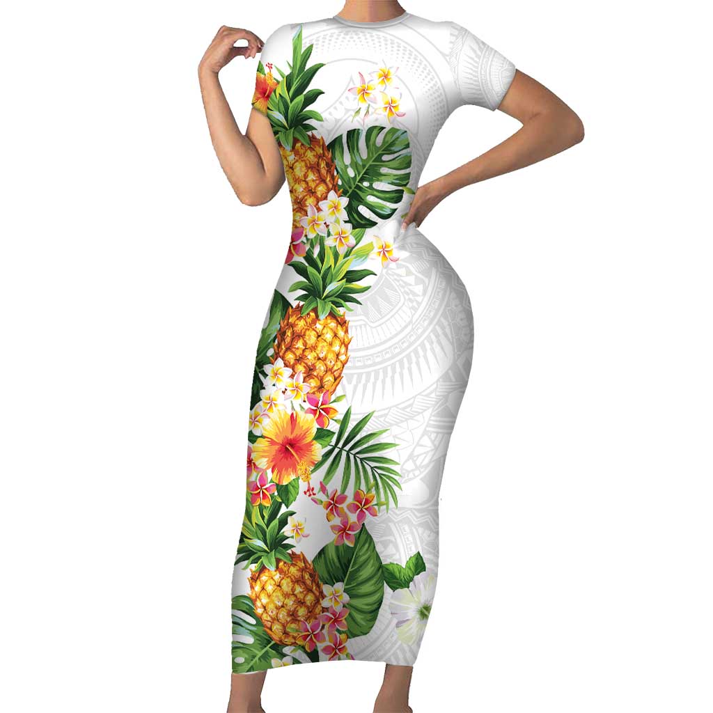 Hawaii Pineapple Tropical Family Matching Short Sleeve Bodycon Dress and Hawaiian Shirt Luminous Hibiscus Plumeria LT01 Mom's Dress White - Polynesian Pride