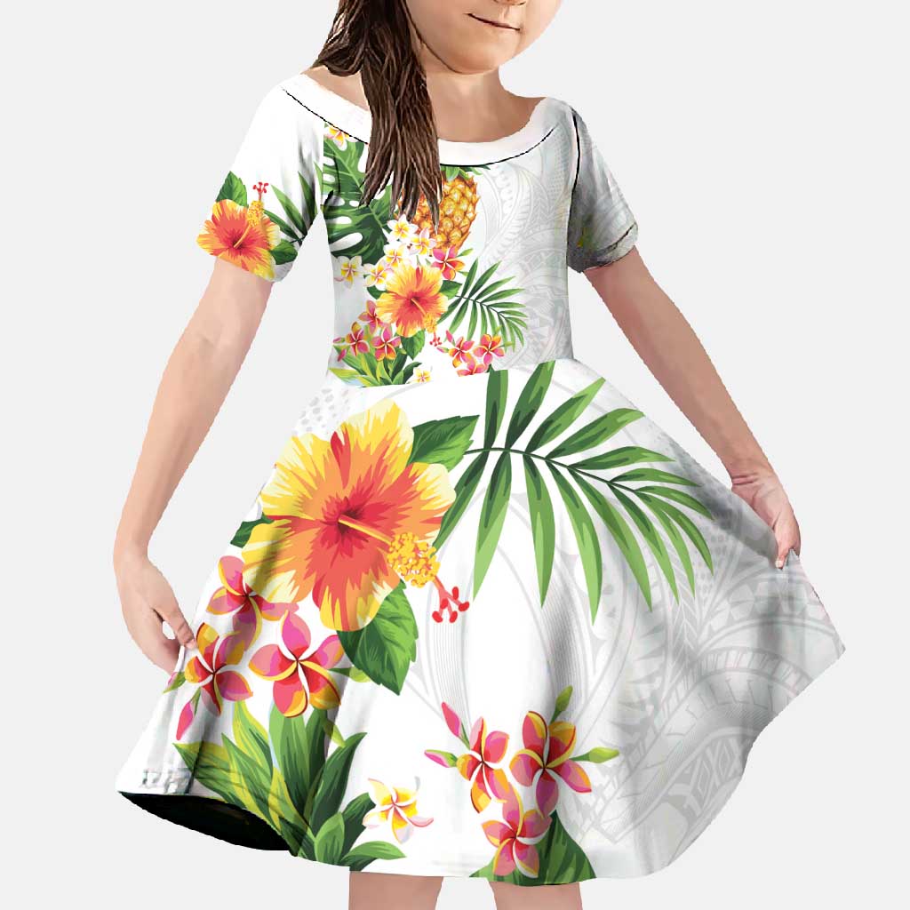 Hawaii Pineapple Tropical Family Matching Summer Maxi Dress and Hawaiian Shirt Luminous Hibiscus Plumeria LT01 Daughter's Dress White - Polynesian Pride