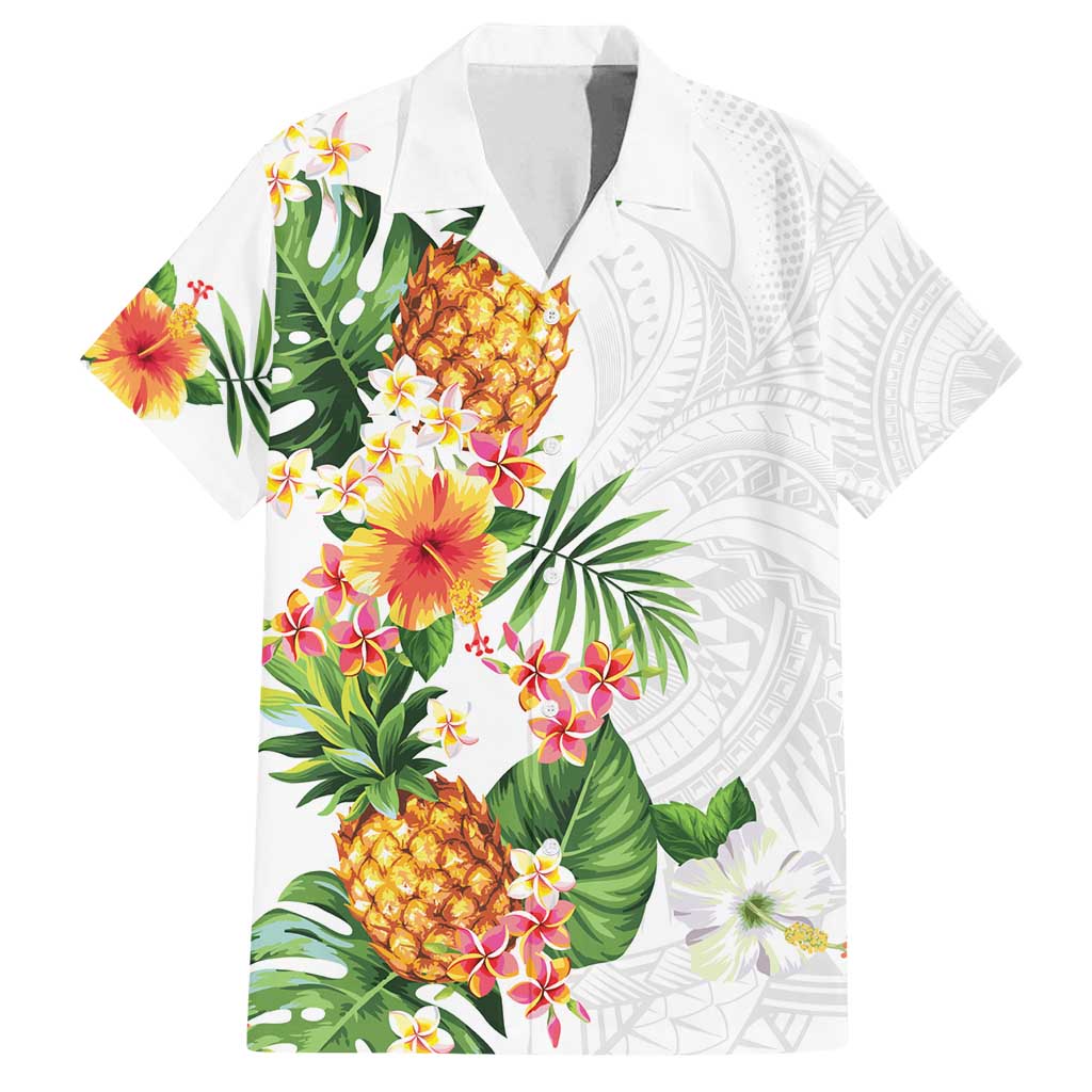 Hawaii Pineapple Tropical Family Matching Summer Maxi Dress and Hawaiian Shirt Luminous Hibiscus Plumeria LT01 Dad's Shirt - Short Sleeve White - Polynesian Pride