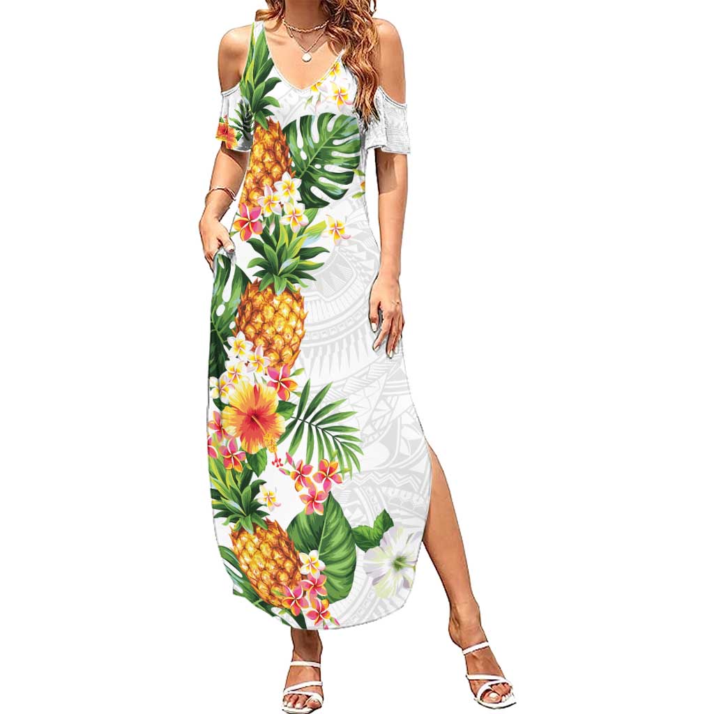 Hawaii Pineapple Tropical Family Matching Summer Maxi Dress and Hawaiian Shirt Luminous Hibiscus Plumeria LT01 Mom's Dress White - Polynesian Pride