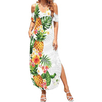 Hawaii Pineapple Tropical Family Matching Summer Maxi Dress and Hawaiian Shirt Luminous Hibiscus Plumeria LT01 Mom's Dress White - Polynesian Pride