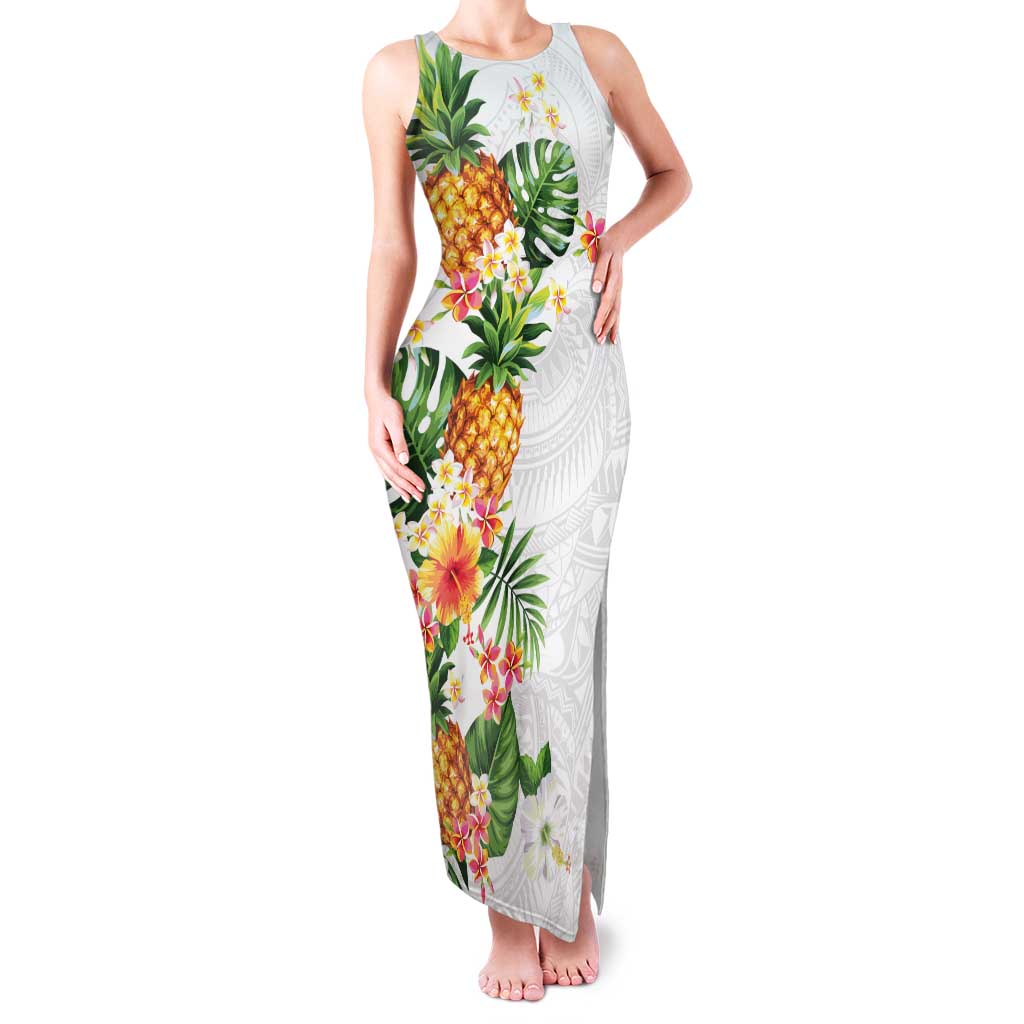Hawaii Pineapple Tropical Family Matching Tank Maxi Dress and Hawaiian Shirt Luminous Hibiscus Plumeria LT01 Mom's Dress White - Polynesian Pride