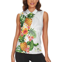 Hawaii Pineapple Tropical Women Sleeveless Polo Shirt Luminous Hibiscus Plumeria