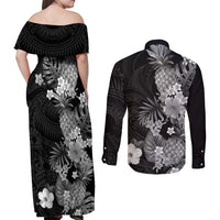 Hawaii Pineapple Tropical Couples Matching Off Shoulder Maxi Dress and Long Sleeve Button Shirt Neutral Hibiscus Plumeria