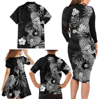 Hawaii Pineapple Tropical Family Matching Long Sleeve Bodycon Dress and Hawaiian Shirt Neutral Hibiscus Plumeria LT01 - Polynesian Pride