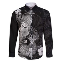 Hawaii Pineapple Tropical Family Matching Mermaid Dress and Hawaiian Shirt Neutral Hibiscus Plumeria LT01 Dad's Shirt - Long Sleeve Black - Polynesian Pride